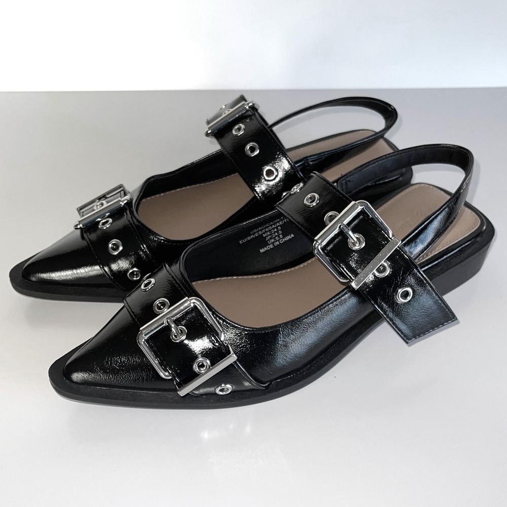 The Drop Womens Black Pointed Toe Slingback Buckle Flats‎ Shoes Size 7.5 NWOT